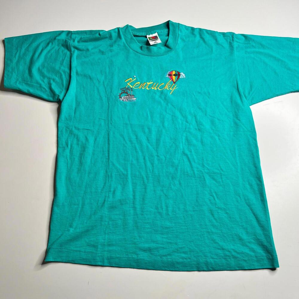 Vintage Kentucky Embroidered T Shirt Fruit of the Loom Green Large USA Travel 90